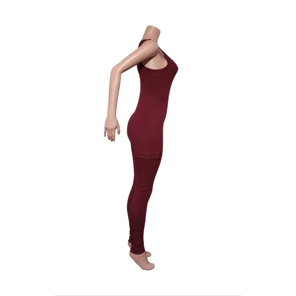 Asa women's crew neck sleeveless ribbed button-up burgundy jumpsuit knit bodyco